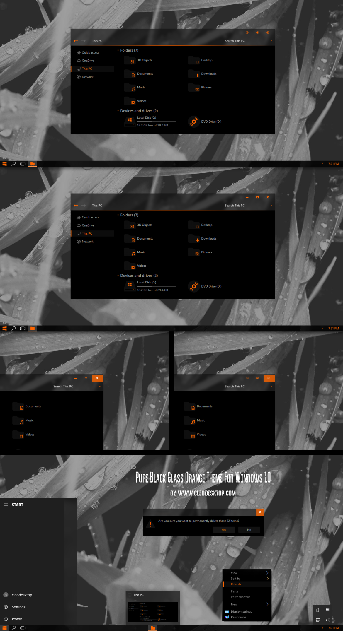 Pure Black Glass Orange Theme For Windows 10